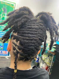 the back of a person with dreadlocks in a salon