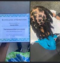 a picture of a child with dreadlocks and a certificate of completion